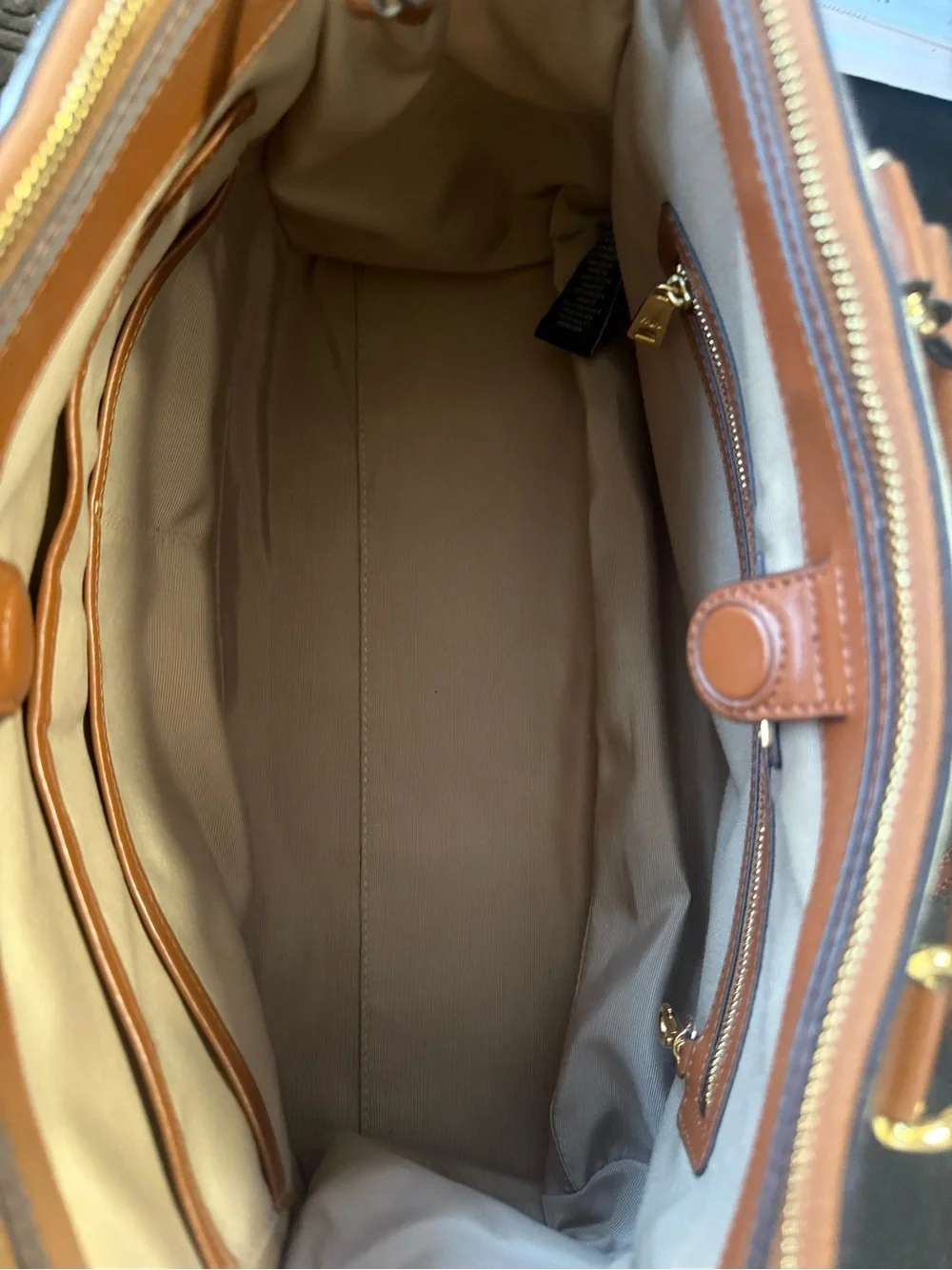Ralph Lauren Black & White Striped Canvas Weekender with Brown Leather